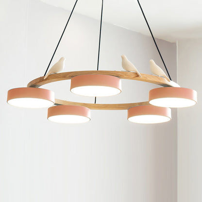 Ronde Hanglamp Met Vogels Houten Ring LED 65cm 72cm