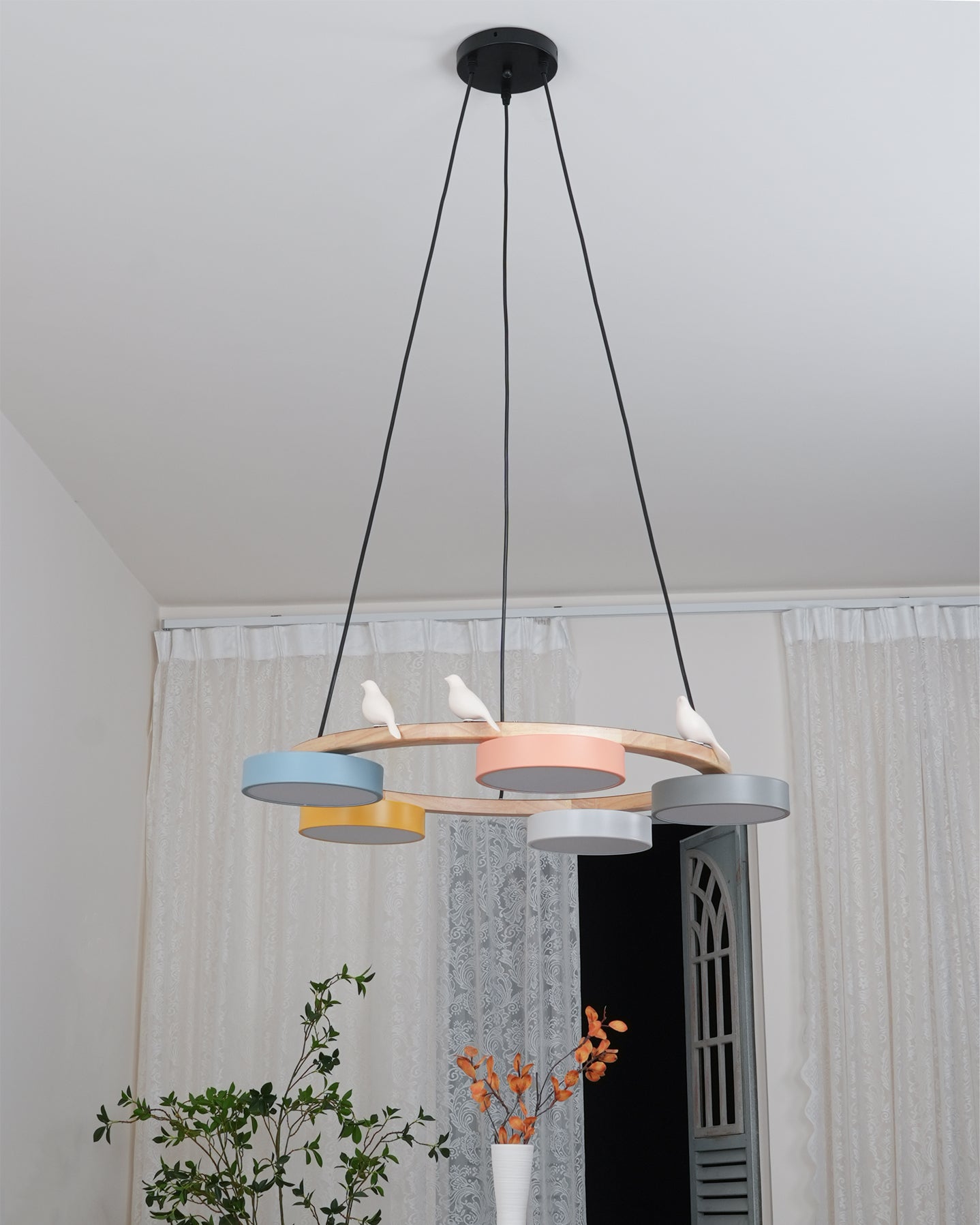 Ronde Hanglamp Met Vogels Houten Ring LED 65cm 72cm