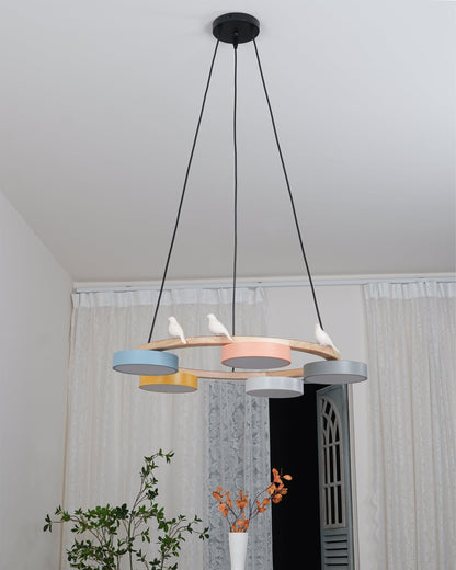 Ronde Hanglamp Met Vogels Houten Ring LED 65cm 72cm