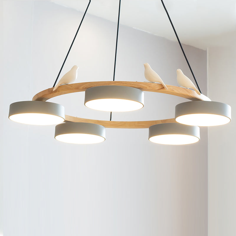 Ronde Hanglamp Met Vogels Houten Ring LED 65cm 72cm