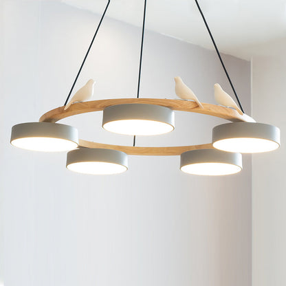 Ronde Hanglamp Met Vogels Houten Ring LED 65cm 72cm