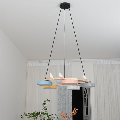 Ronde Hanglamp Met Vogels Houten Ring LED 65cm 72cm