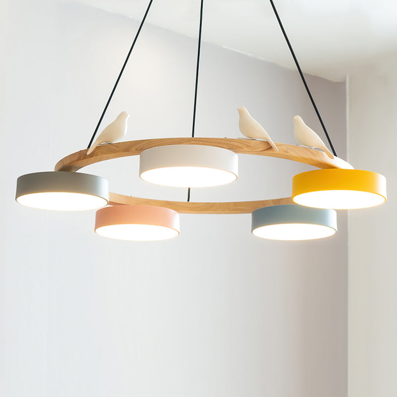 Ronde Hanglamp Met Vogels Houten Ring LED 65cm 72cm
