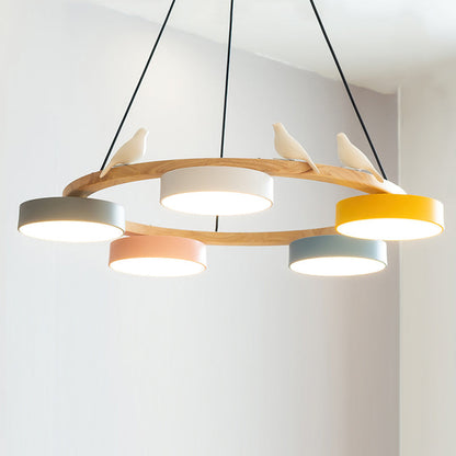 Ronde Hanglamp Met Vogels Houten Ring LED 65cm 72cm