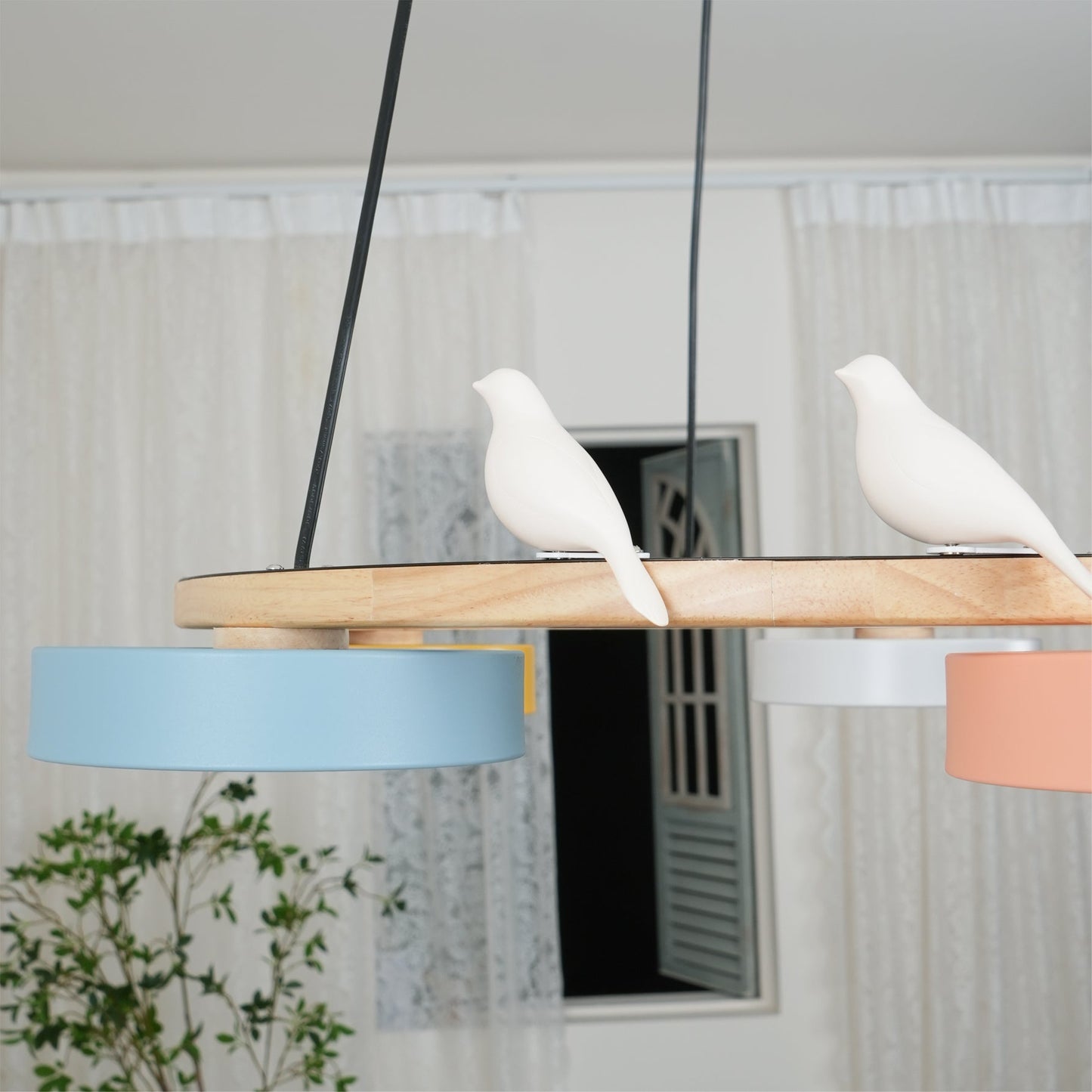 Ronde Hanglamp Met Vogels Houten Ring LED 65cm 72cm