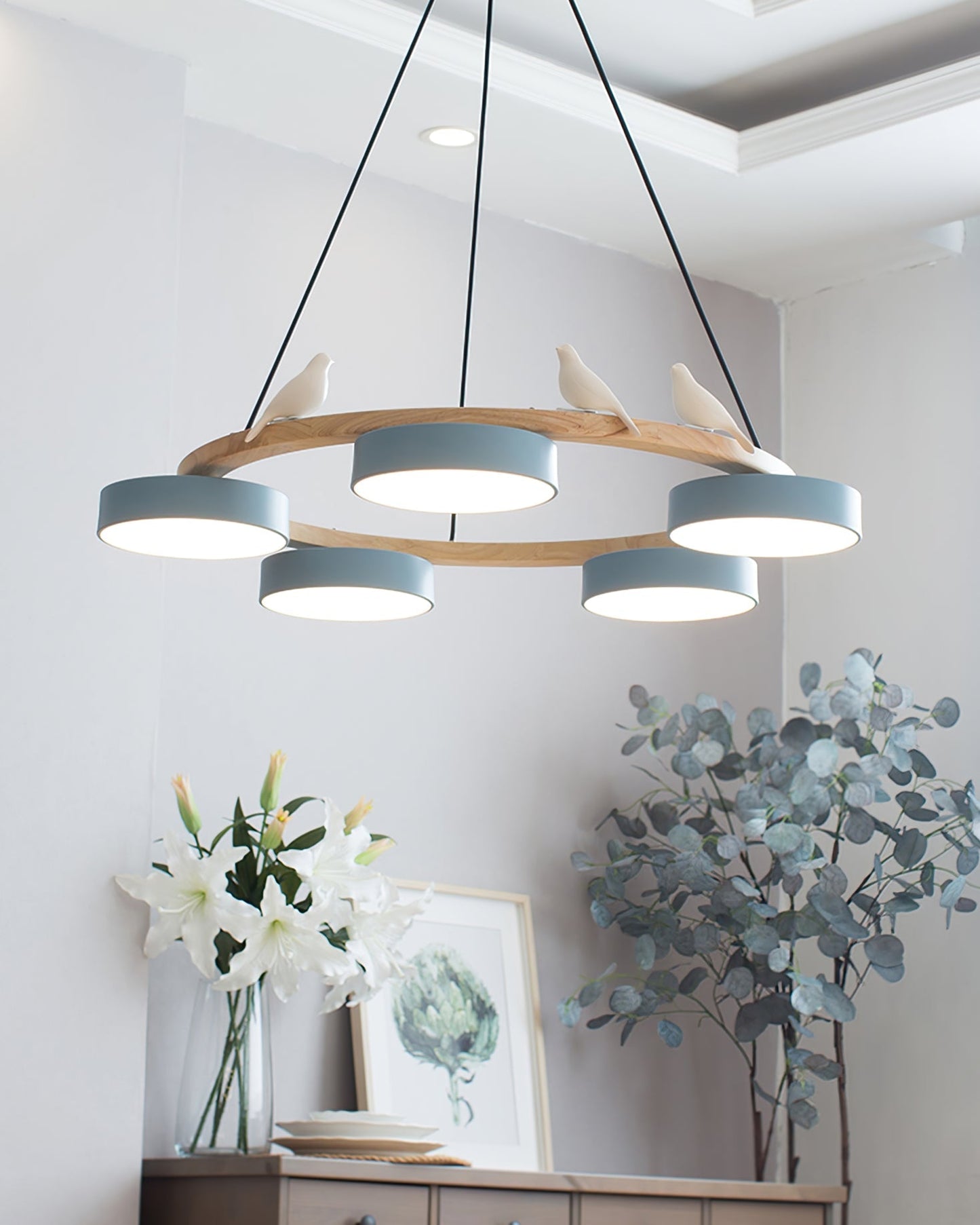 Ronde Hanglamp Met Vogels Houten Ring LED 65cm 72cm