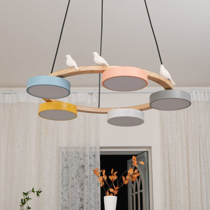Ronde Hanglamp Met Vogels Houten Ring LED 65cm 72cm