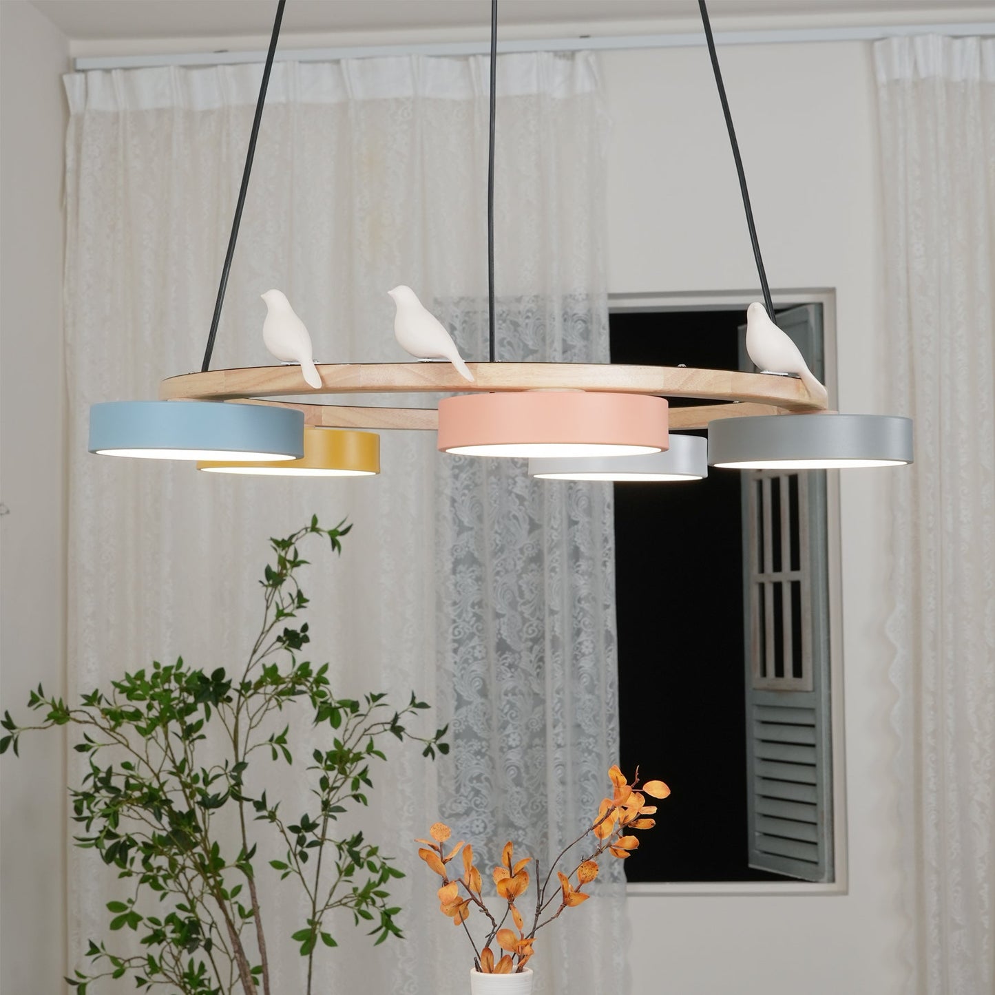 Ronde Hanglamp Met Vogels Houten Ring LED 65cm 72cm