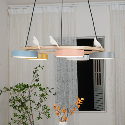Ronde Hanglamp Met Vogels Houten Ring LED 65cm 72cm