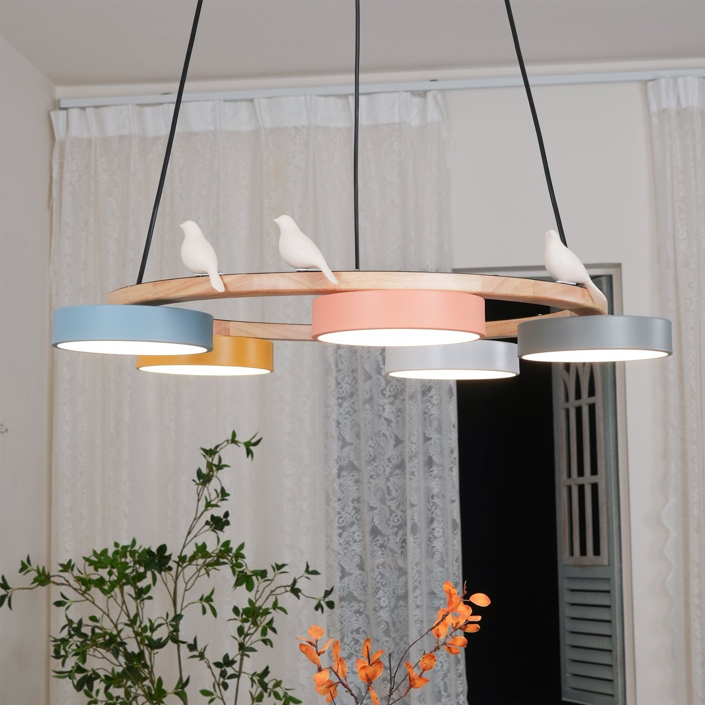 Ronde Hanglamp Met Vogels Houten Ring LED 65cm 72cm