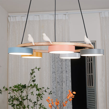 Ronde Hanglamp Met Vogels Houten Ring LED 65cm 72cm