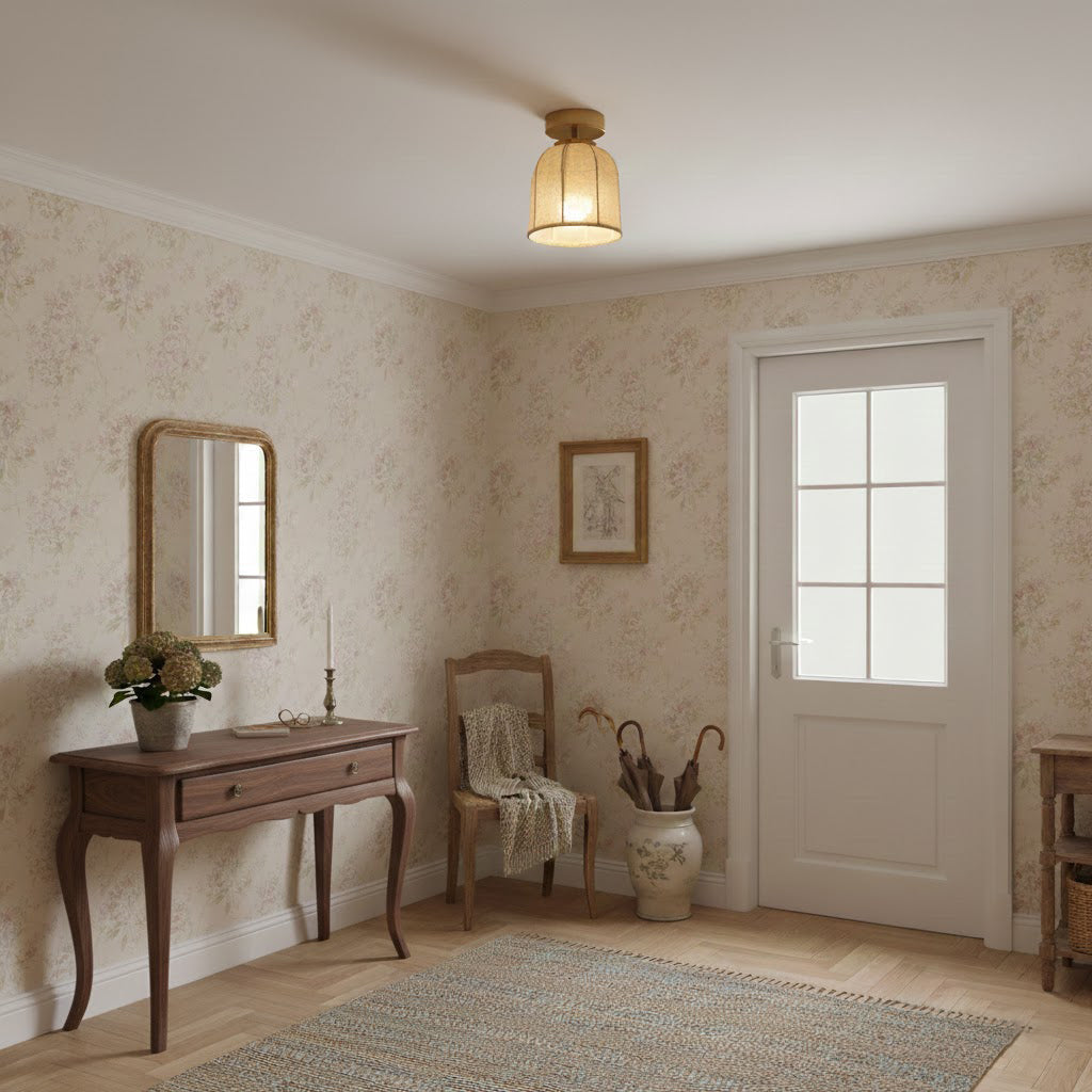 Linnen plafondlamp met gouden ijzeren frame rustiek design warm sfeerlicht voor slaapkamer woonkamer hal entree landelijk