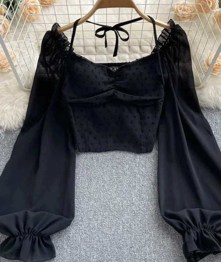 Korte Blouse met Ruches en Polka Dots Zomerse Stijl