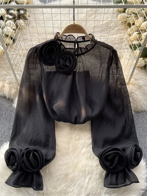 Bloemen Blouse Mesh Stof Vrouwelijk Design