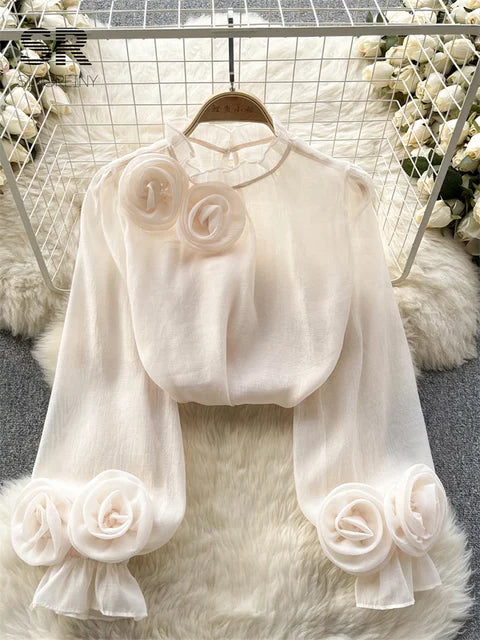 Bloemen Blouse Mesh Stof Vrouwelijk Design