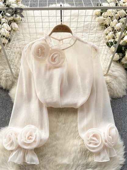 Bloemen Blouse Mesh Stof Vrouwelijk Design