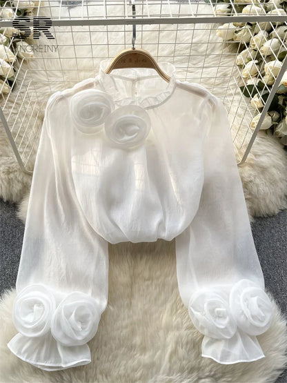 Bloemen Blouse Mesh Stof Vrouwelijk Design