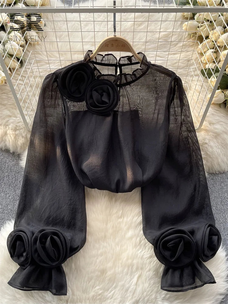 Bloemen Blouse Mesh Stof Vrouwelijk Design