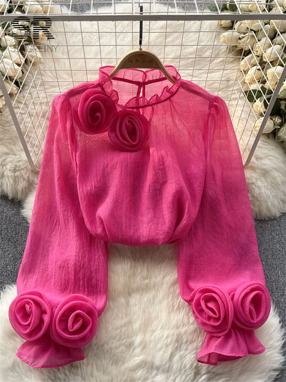 Bloemen Blouse Mesh Stof Vrouwelijk Design