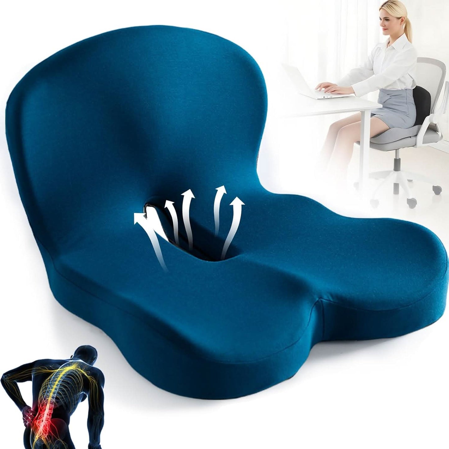 ErgoComfort Zitkussen Memory Foam Ergonomisch Drukverlagend Antislip | Bureaustoel Auto Thuiswerken Rugpijn Steunkussen Zitkussens