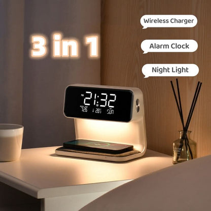 Multifunctioneel LED Wekker met Draadloze Oplader en Dimfunctie - Modern Design voor Nachtkastje