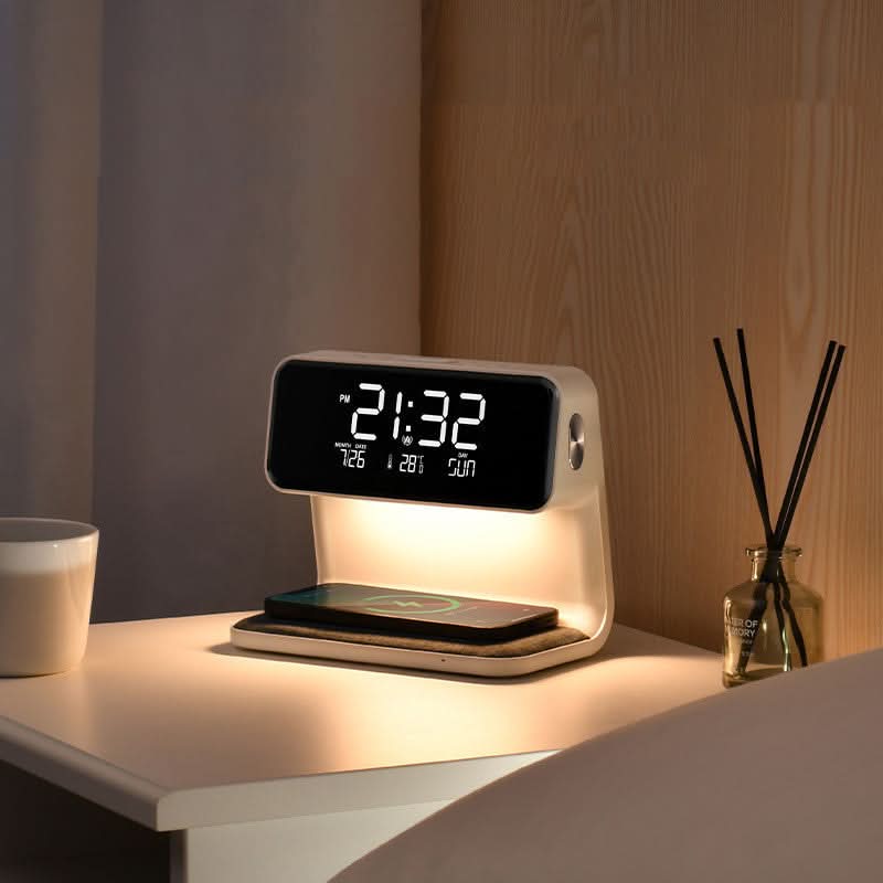 Multifunctioneel LED Wekker met Draadloze Oplader en Dimfunctie - Modern Design voor Nachtkastje