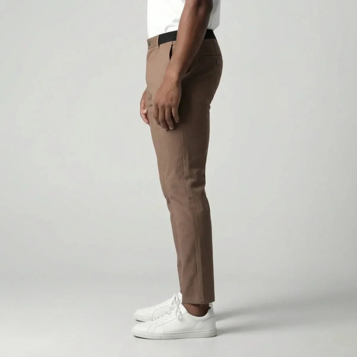 Slim fit lichtbruine stretch broek met elastische tailleband