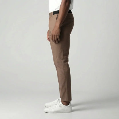 Slim fit lichtbruine stretch broek met elastische tailleband