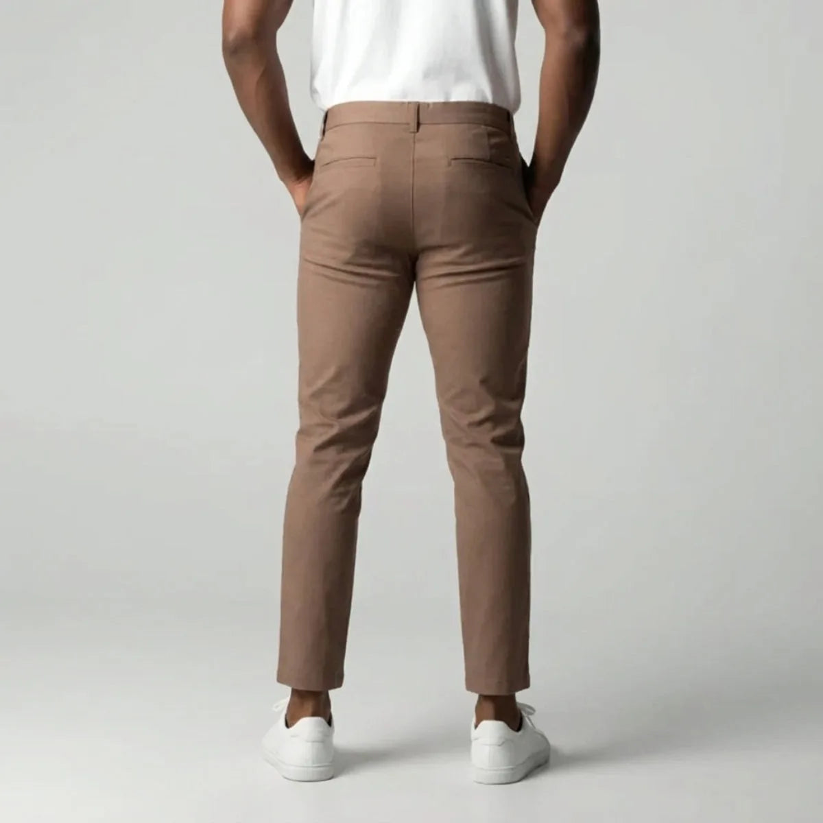 Slim fit lichtbruine stretch broek met elastische tailleband