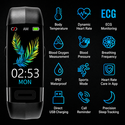 Smartwatch met EKG Hartslag Bloeddruk Slaaptracking Zwart Blauw Rood Gezondheidsmonitor Fitness Tracker Vitaro