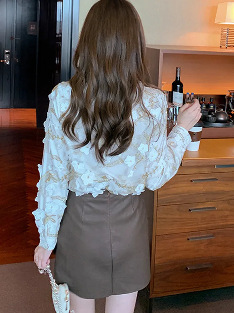Vrouwelijke Blouse met 3D Bloemen Herfst Collectie