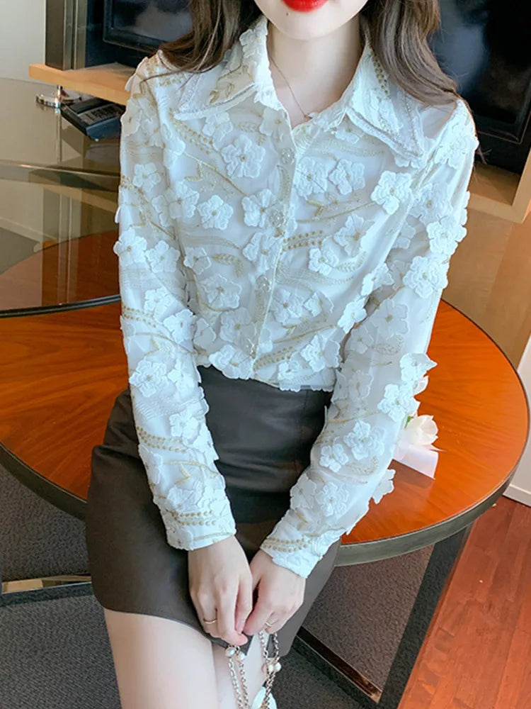 Vrouwelijke Blouse met 3D Bloemen Herfst Collectie