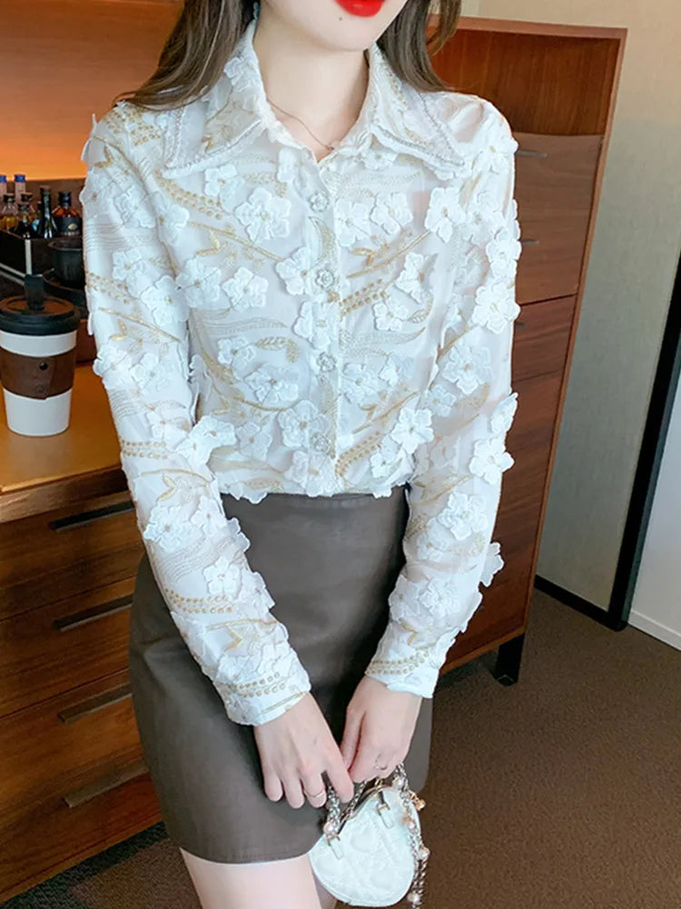 Vrouwelijke Blouse met 3D Bloemen Herfst Collectie