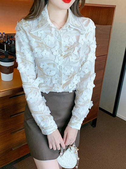 Vrouwelijke Blouse met 3D Bloemen Herfst Collectie