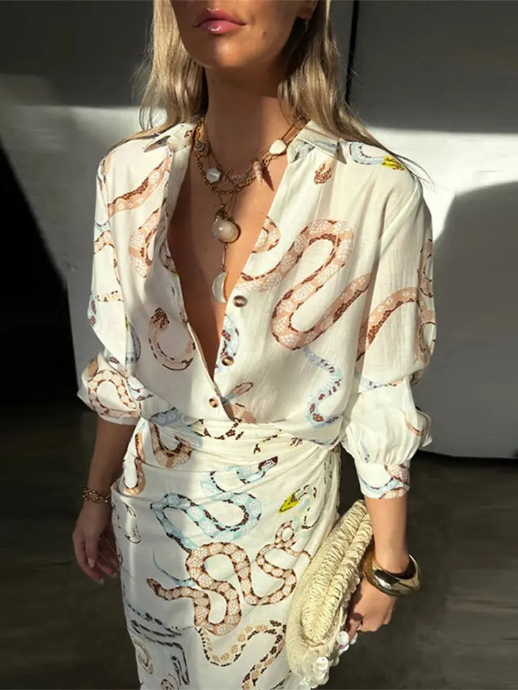 Slangenprint Set Bloemen Jurk en Broek