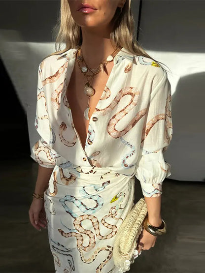 Slangenprint Set Bloemen Jurk en Broek