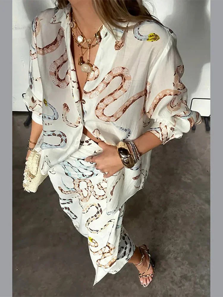 Slangenprint Set Bloemen Jurk en Broek