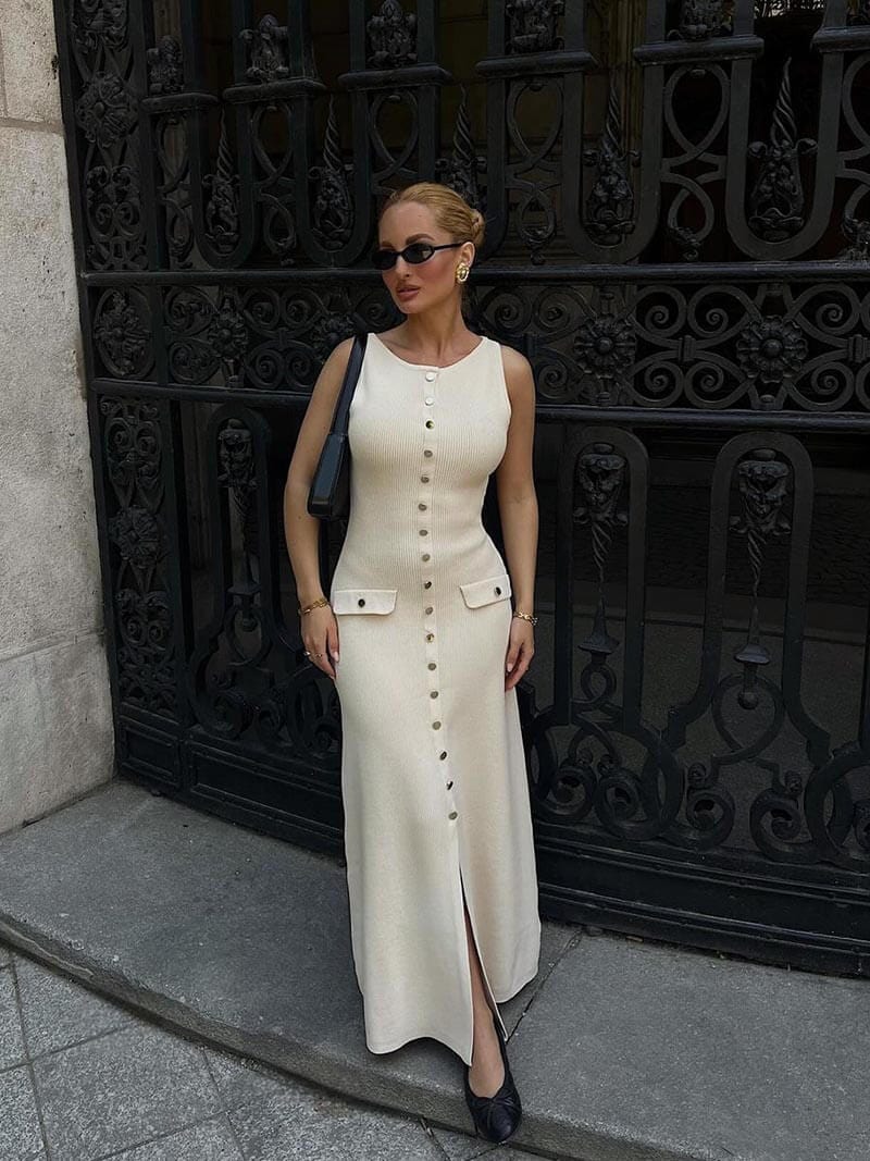 Mouwloze Maxijurk voor Vrouw met Knoppen Elegante Zomerjurk - StudioMarella
