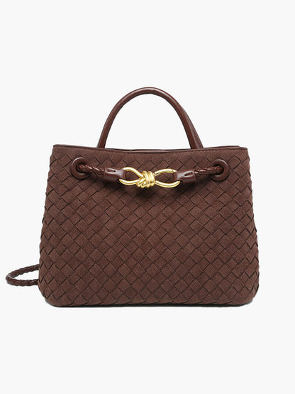 Bruine Suède Leren Dameshandtas Gevlochten Design - StudioMarella