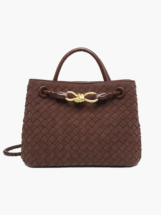 Bruine Suède Leren Dameshandtas Gevlochten Design - StudioMarella