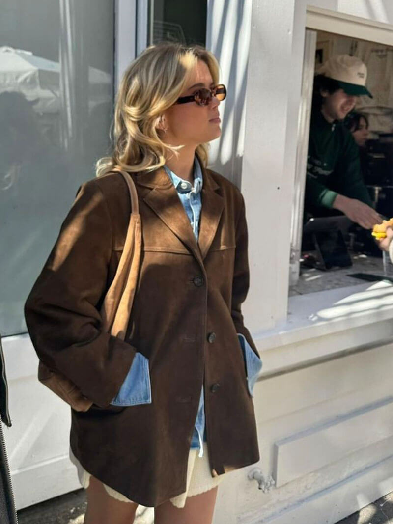 Dames Blazer Bruin Suède Klassieke Stijl