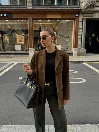 Dames Blazer Bruin Suède Klassieke Stijl