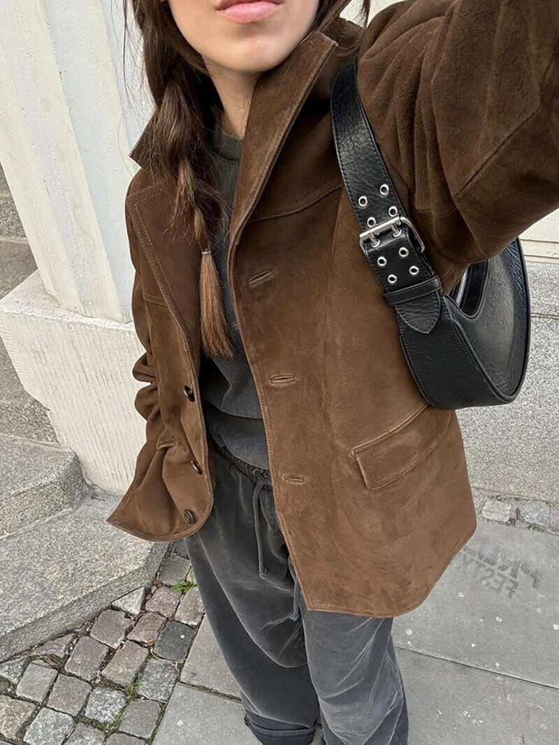Dames Blazer Bruin Suède Klassieke Stijl
