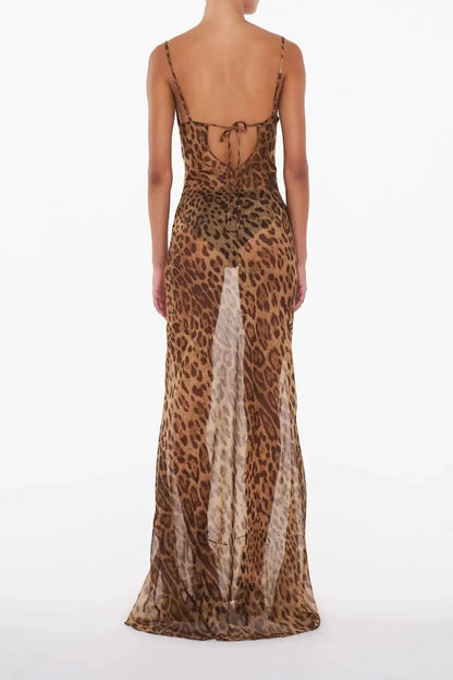 Leopard Jurk Lange Maxi Doorzichtig voor Dames
