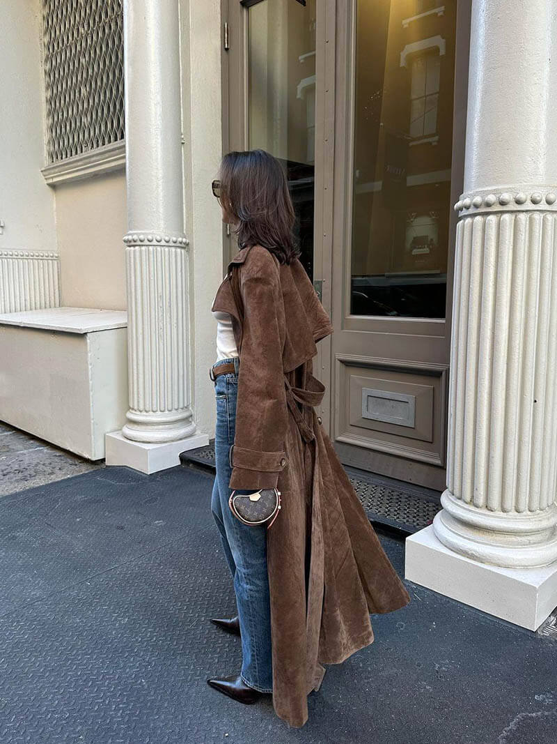 Dames Trenchcoat Suède Lange Jas met Ceintuur
