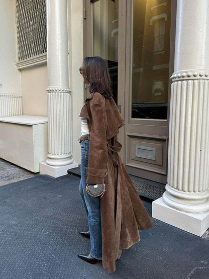Dames Trenchcoat Suède Lange Jas met Ceintuur