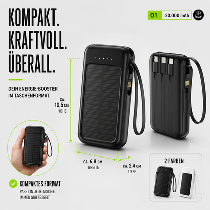 Oplaadbare Powerbank 20000mAh met Zonnepaneel, LED-Zaklamp en Ingebouwde Kabels – Draagbare Noodaccu met Dubbele USB- en Type-C-Aansluiting voor Smartphone en Tablet