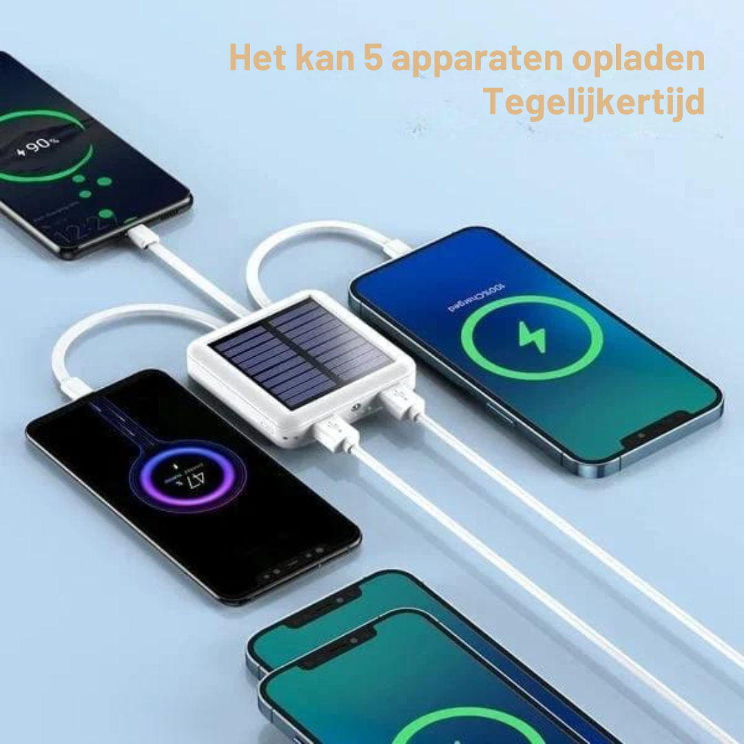 Draagbare Zonne-Energie Powerbank met LED-Zaklamp en Meerdere Oplaadpoorten – Ideaal voor Outdoor, Camping en Noodgevallen