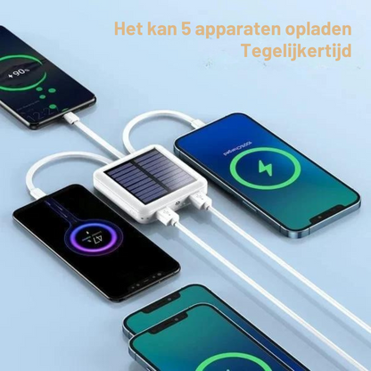 Draagbare Zonne-Energie Powerbank met LED-Zaklamp en Meerdere Oplaadpoorten – Ideaal voor Outdoor, Camping en Noodgevallen