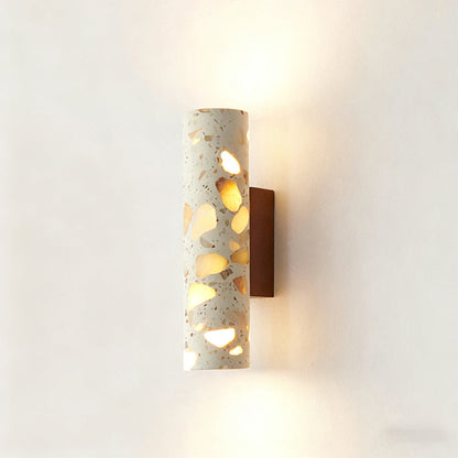 Wandlamp Terrazzo Cilinder – Walnoot Houten Basis – Handgemaakt Natuursteen – Retro Kolom Design – Warm Licht G9 – Woonkamer Slaapkamer Gang